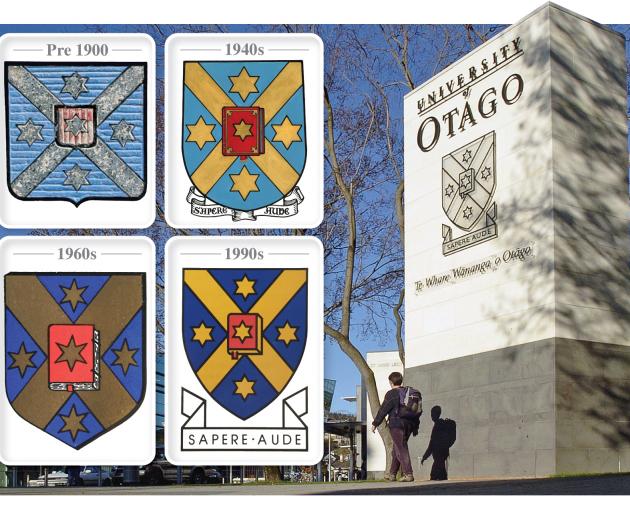 The formal entrance to the University of Otago at the intersection of St David and Cumberland Sts. The university’s  logo has changed over the years. Photo: ODT files