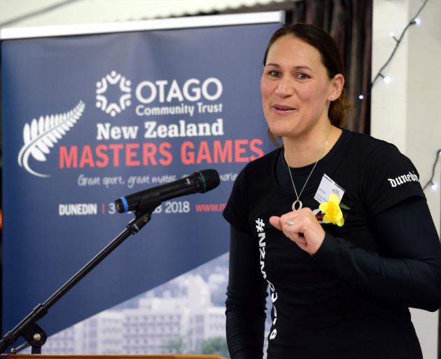 Former Silver Fern and Otago Community Trust New Zealand Masters Games ambassador Jodi Brown speaks at the launch of the games at the St Clair Golf Club last night. Photo: Linda Robertson