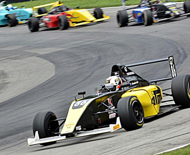 Cromwell-based Brendon Leitch leads the FIA Formula 4 USA Championship field to the chequered flag at the Mid Ohio Sports Car Course in Ohio, on the way to his debut win this season. Photo: Kiwi Motorsport