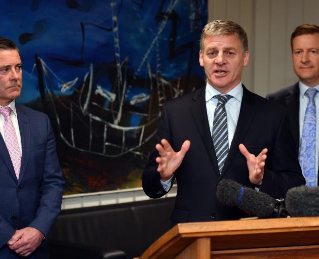 Prime Minister Bill English (centre) announces details of the Dunedin Hospital rebuild last Saturday flanked by Dunedin National List MP Michael Woodhouse (left) and Health Minister Jonathan Coleman. Photo: Anna Campbell.