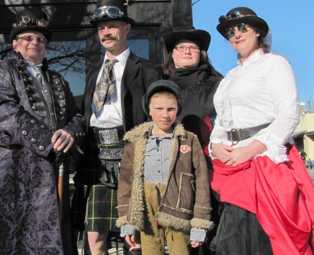Steampunk lovers (from left) Craig Patterson, of Alexandra, and Adam, Alex (7), Hayley and Tami Rubie, all of Omakau, spread the word about a Central Otago Steampunk group they are hoping to form. Photo: Pam Jones