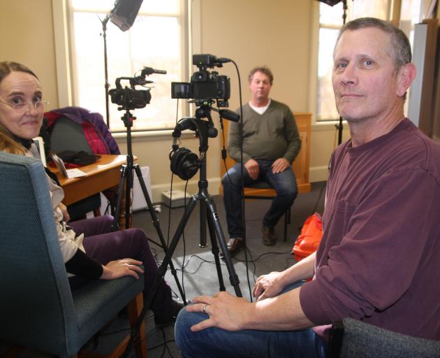 Bristlecone Project helper Claire Harwell and founder David Lisak with Male Survivors of Sexual Abuse Trust Oamaru senior manager Dugal Armour (in background) have been interviewing Otago male survivors of sexual abuse and assault.  Photo: Shannon Gillies