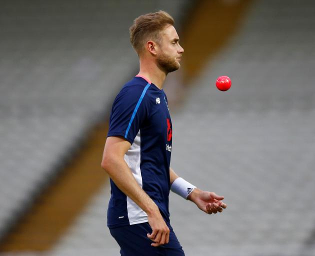 Stuart Broad practices with the pink ball in the nets for England. Photo: Reuters