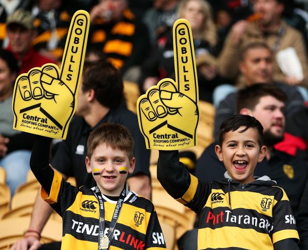 Taranaki fans show their support during the round one Mitre 10 Cup match between Taranaki and Waikato at Yarrow Stadium 