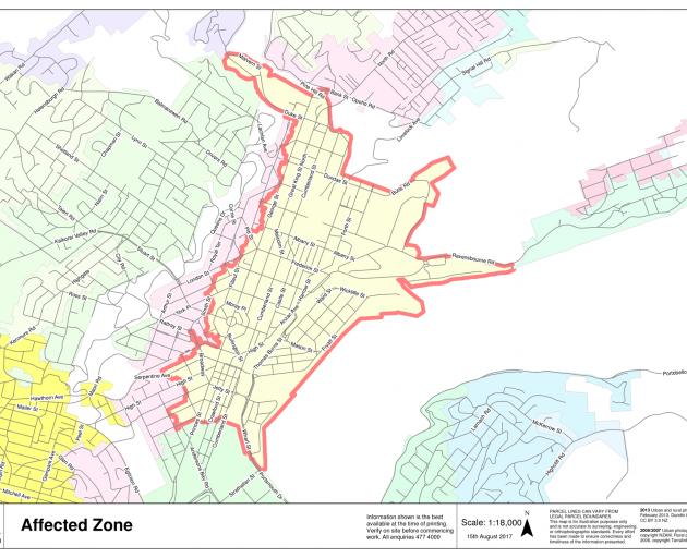 A map of areas part of the Dunedin City Council's boil water notice.