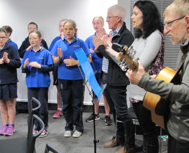 Clyde Primary School pupils (front row, from left) Peyton Robertson (12) Arlia Murphy (11) and...