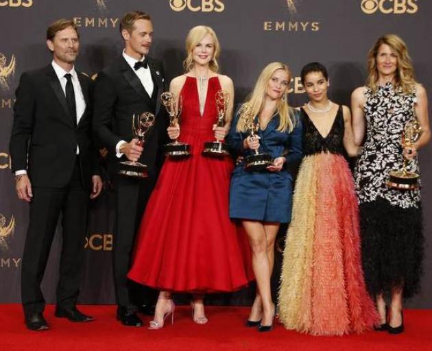 'Big Little Lies' cast Jeffrey Nordling, Alexander Skarsgard, Nicole Kidman, Reese Witherspoon, Zoe Kravitz, Laura Dern pose with their Emmys. Photo: Reuters