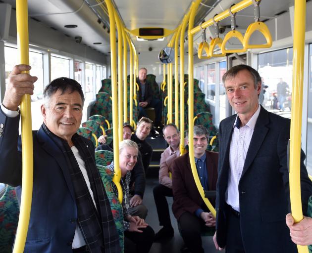 Riding the bus are (from left) Dunedin Mayor Dave Cull, Otago Regional Council deputy chairwoman Gretchen Robertson, ORC councillor Sam Neill, DCC councillor Rachel Elder, ORC councillor Bryan Scott, DCC councillor Jim O'Malley, DCC councillor Aaron Hawki