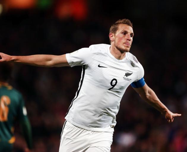 Chris Wood celebrates one of his three goals against the Solomon Islands on Friday night. Photo:...