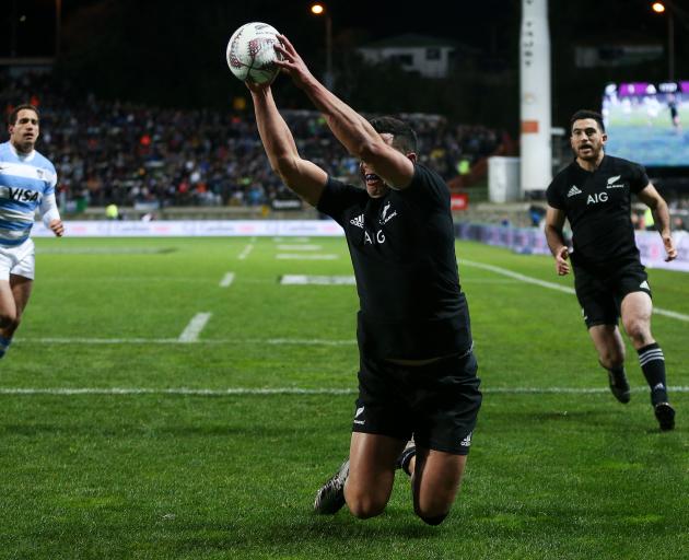 Lienert-Brown of New Zealand scores a try during The Rugby Championship match between the New...