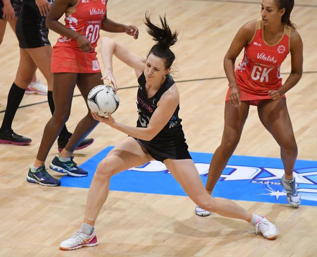 Bailey Mes of New Zealand in action during the Test match between the New Zealand Silver Ferns and the England Roses in Napier. Photo:Getty Images