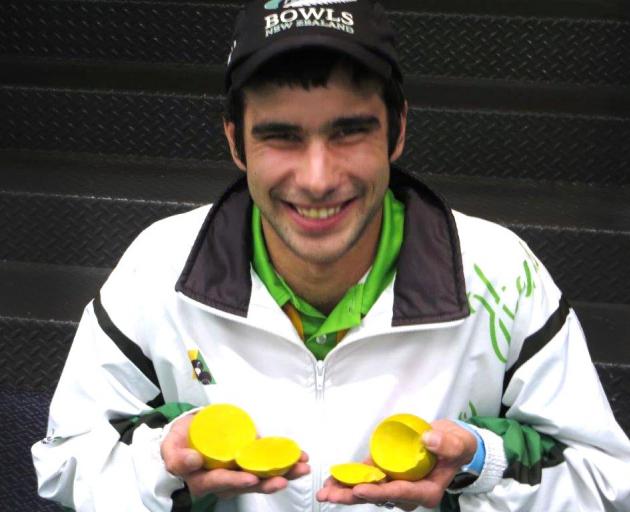 Gore bowler Sheldon Bagrie-Howley holds the jacks he smashed during this year’s PBA. Photo:...