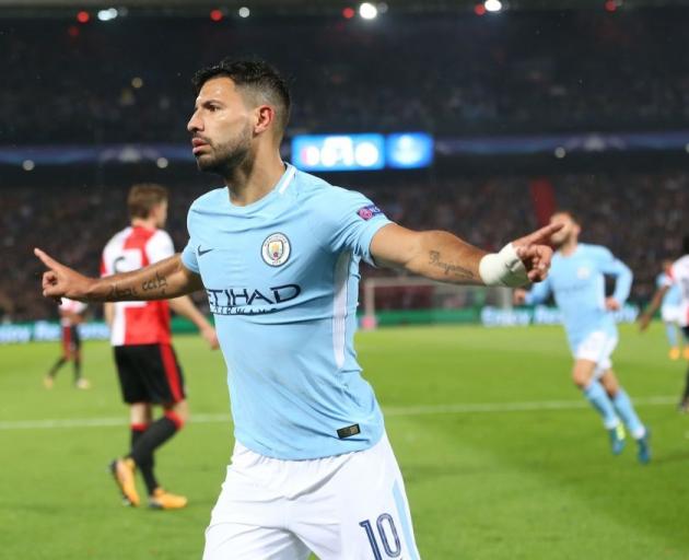 Manchester City's Sergio Aguero celebrates his 50th goal in European competitions. Photo: Getty...