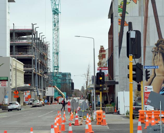 Consent issuance in the key construction areas of Canterbury, Auckland and the Waikato and Bay of Plenty is waning; pictured, Gloucester St in Christchurch last month. Photo: Stephen Jaquiery