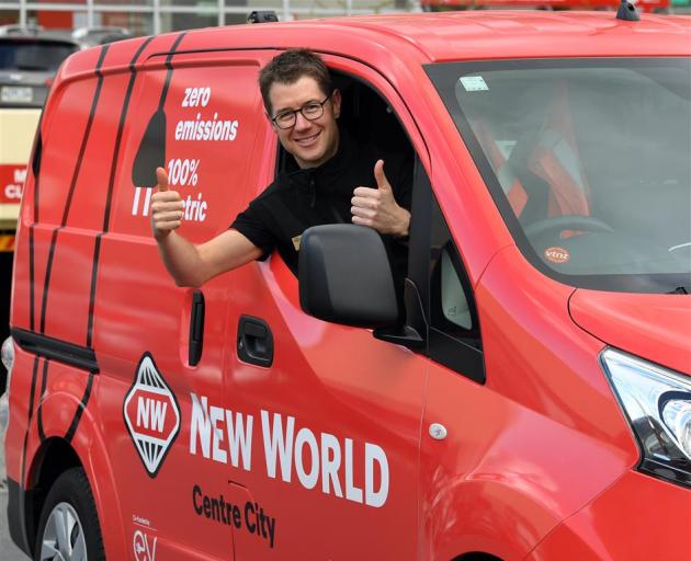 Dunedin Centre City New World owner Craig Nieper in the supermarket's electric van. PHOTO:...