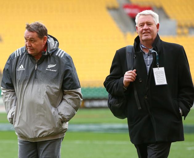 All Blacks coach Steve Hansen and New Zealand Rugby chief executive Steve Tew walk and talk at...