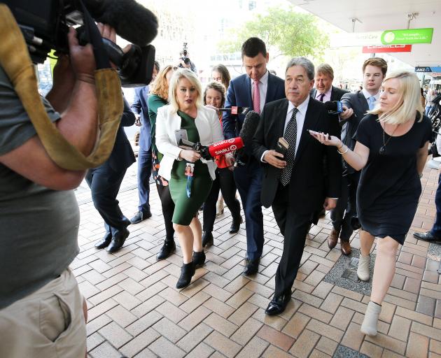 Leader Winston Peters emerges from lunch prior to a NZ First announcement at Parliament. Photo:...