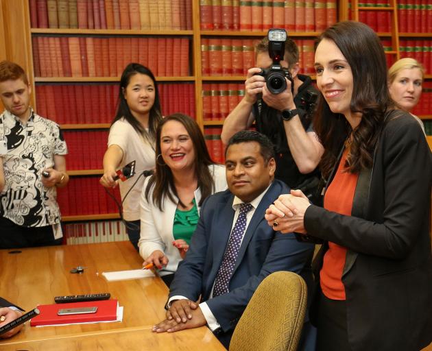 Labour leader and prime minister-elect, Jacinda Ardern, speaks to her MPs during a caucus meeting at Parliament Photo: Getty Images