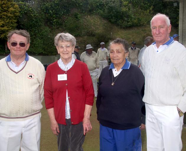 Ken Smeal, Lorraine Swanson, Winnie McLelland and Barry Thompson at the Andersons Bay Bowling Club's centenary at the weekend. Photo: Terry Maguire