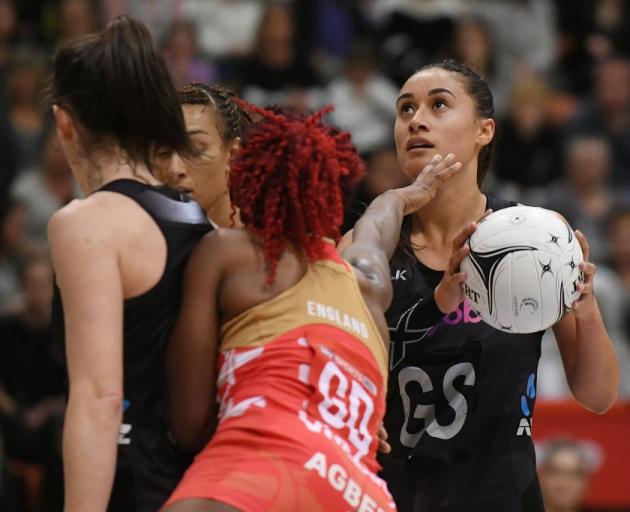 Maria Tutaia in action at goal shoot for the Silver Ferns against England. Photo: Getty Images