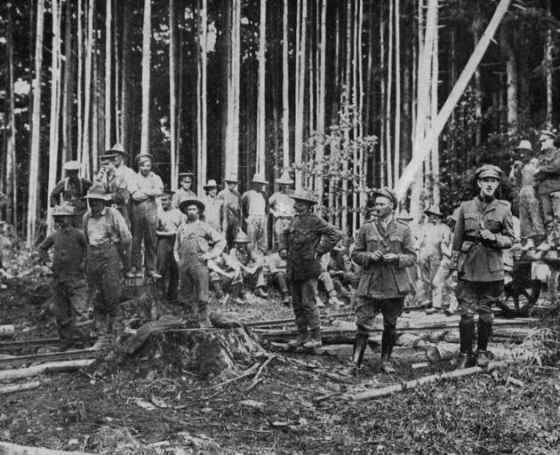 Canadian bushmen attached to the British overseas forces fell timber for military purposes on the...