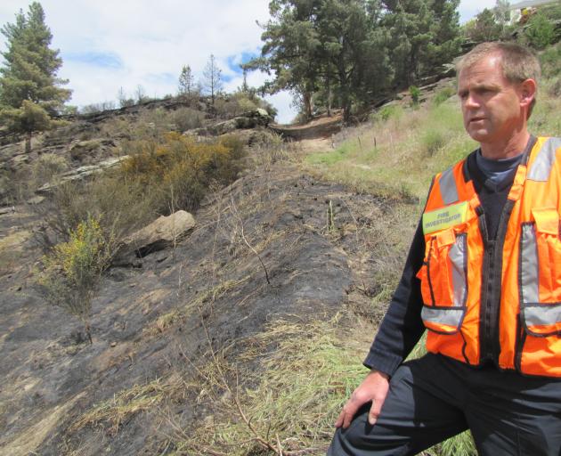 Alexandra Volunteer Fire Brigade Deputy Chief Fire Officer and Fire and Emergency New Zealand rural fire investigator Mark Hutton looks over the burnt-out area of Monday's scrub fire on Bridge Hill, in Alexandra. Photo: Pam Jones