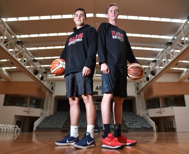 Dunedin basketball players Richie Rodger (20) and Josh Aitcheson (19) at the Edgar Centre this...