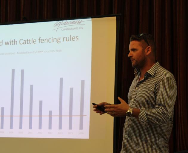 Agribusiness farm management consultant Deane Carson talks at a meeting at Hedgehope last week about what individuals can do when it comes to water testing. Photo: Nicole Sharp