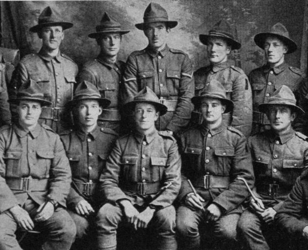 Otago boys of the 29th Specialists at Sling Camp, England. Back row (from left): J. C. Jones, W. W. Styles, A. Riddell, A. McCorkindale (Manuka Creek), J. J. Wood, J. Carmichael, N. Patterson. Front row: E. Nicholson, A. Hattrill, J. H. Gear, J. Hawkes, A