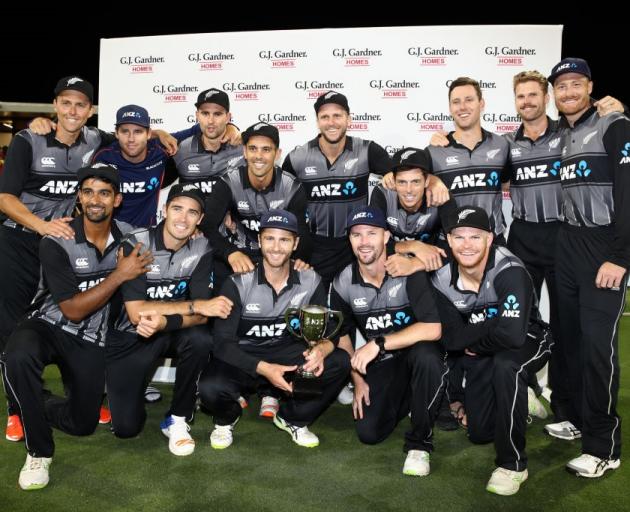 The Black Caps celebrate after beating the West Indies in the final twenty20 to claim the series...