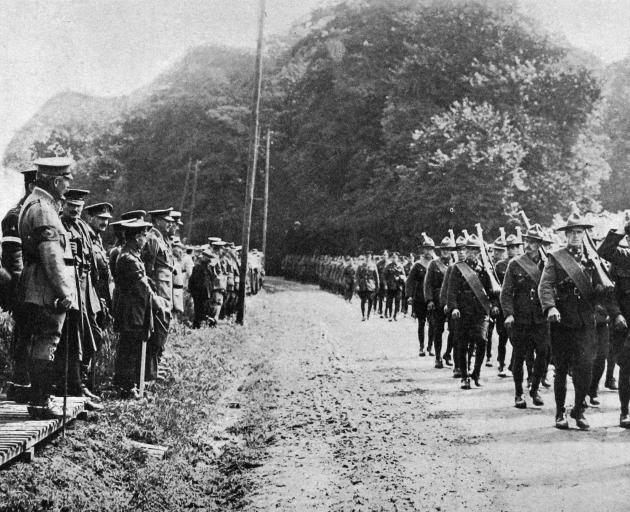 New Zealanders march past General Sir H. Horne during a service to mark the beginning of the fourth year of the war. - Otago Witness, 16.1.1918.