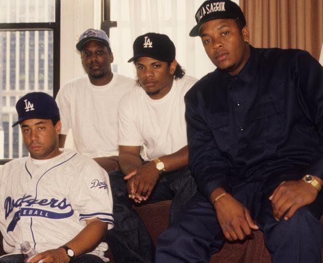 Rappers (from left) MC Ren, DJ Yella, Eazy-E and Dr. Dre of the rap group NWA pose for a portrait...
