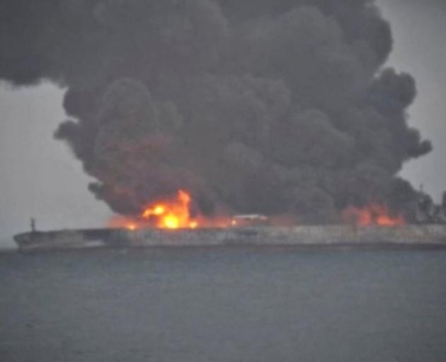 Smoke and fire is seen from Panama-registered tanker Sanchi carrying Iranian oil after it collided with a Chinese freight ship in the East China Sea. Photo: China Central Television (CCTV) via REUTERS TV