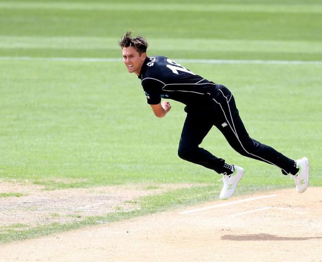 Trent Boult bowls for New Zealand against Pakistan in the Dunedin one-day international. Photo:...