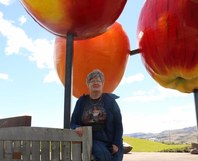 The Cromwell & Districts Promotions Group would like to turn some standard park seats in Cromwell, like the one group chairwoman Janeen Wood is beside above, into something a bit more arty. Photo: Tom Kitchin