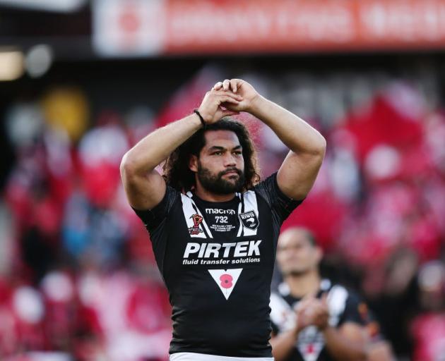 Adam Blair acknowledges the crowd after the Kiwis World Cup game against Tonga last year. Photo:...