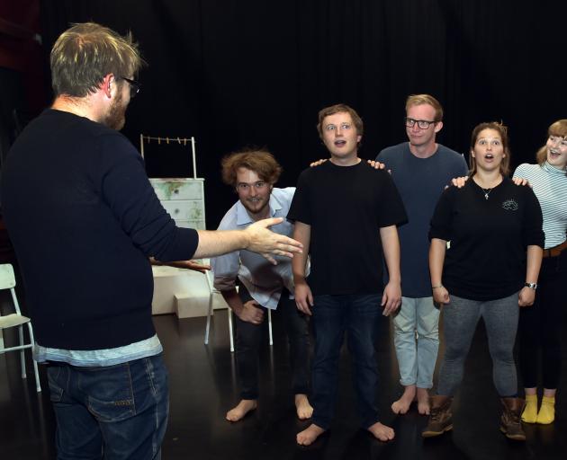(From left) Director Alex Wilson, Nick Tipa, Ben McCarthy, Alex Martyn, Marea Colombo, Abby Howells and Sam Shannon rehearse FOLD at Allen Hall on Tuesday night. Photo: Peter McIntosh