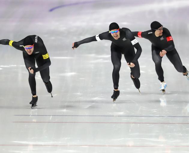 New Zealand speed skaters (from left) Peter Michael, Shane Dobbin and Reyon Kay compete against...