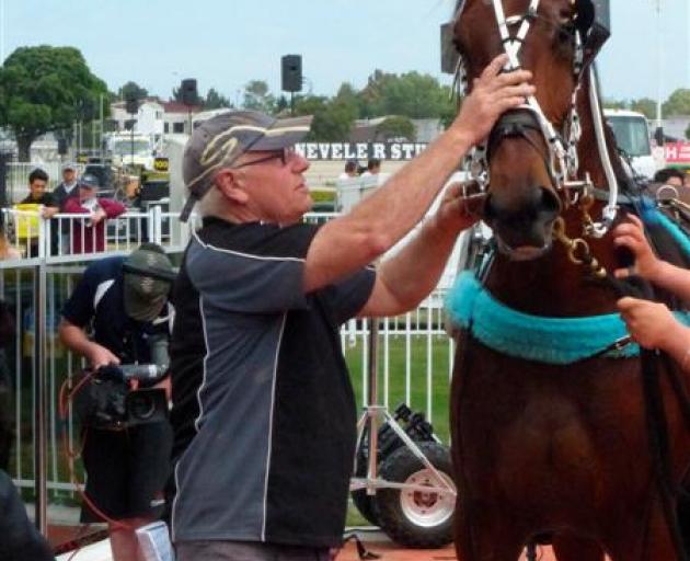 Quick As A Trick's trainer, Bruce Negus, keeps the gelding calm in the winner's circle after his...