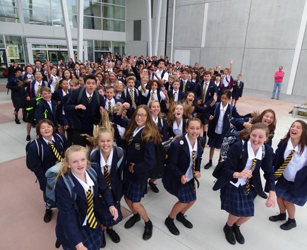 Wakatipu High School's new entrants prepare to enter their new school near Remarkables Park on Monday morning on their first day. The $50million-plus development, four years in the making, will fully open to the whole school today. Photo: Tracey Roxburgh