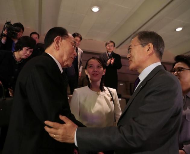 South Korean President Moon Jae-in talks with president of the Presidium of the Supreme People's Assembly of North Korea Kim Young Nam. Photo: Yonhap via Reuters South Korean President Moon Jae-in talks with president of the Presidium of the Supreme People's Assembly of North Korea Kim Young Nam. Photo: Yonhap via Reuters