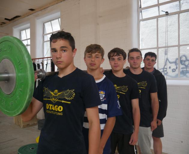 Brothers (from left) Torin (13), Lochlan (13), Shea (15), Connell (16) and Owen (18) Webb train at Otago Weightlifting Association. PHOTO: JESSICA WILSON