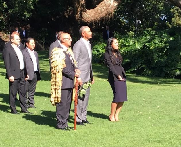 Obama being welcomed onto the grounds of Government House during the pōwhiri. Photo: NZ Herald