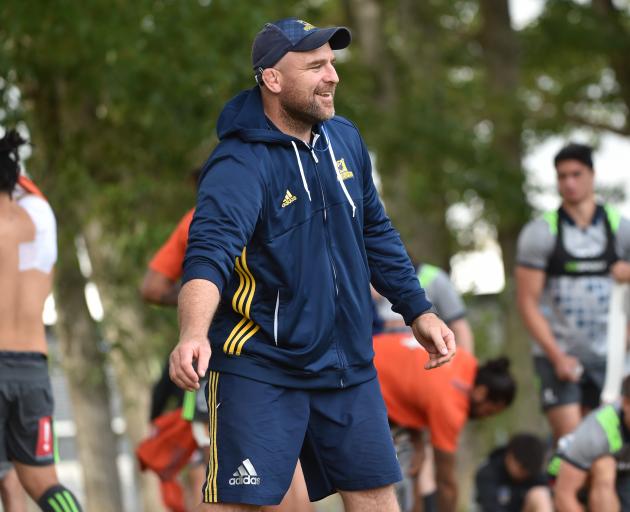 Highlanders scrum coach Clarke Dermody gets ready for training at Logan Park yesterday. Photo: Peter McIntosh