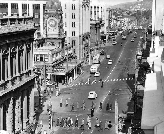 At noon on August 11, 1959, traffic lights were stopped in the Exchange area of Dunedin in preparation for the introduction of the "Barnes Dance'' - then touted as a "new system of pedestrian control''. Does anyone recall this? Photo: The Evening Star 