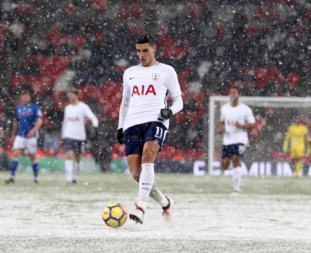 Tottenham's Eric Lamela plays in the Wembley snow. Photo: Getty Images