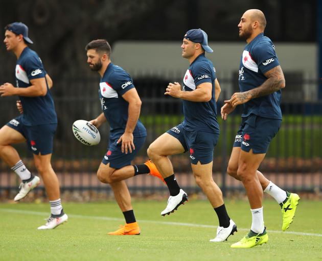 Sysdney Roosters backs (from left) Joseph Manu, James Tedesco, Cooper Cronk and Blake Ferguson...