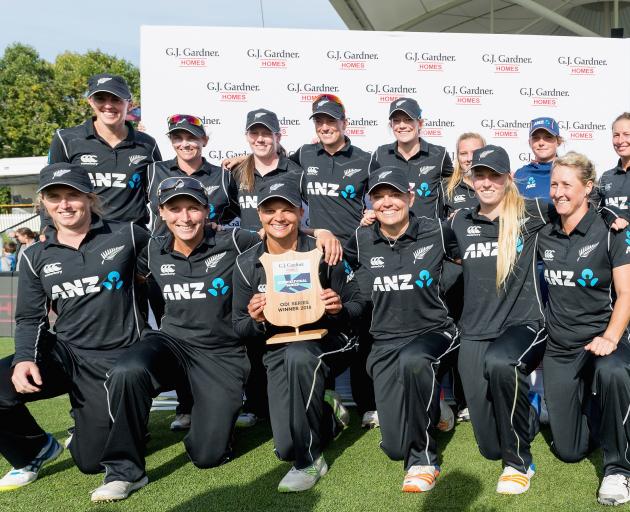 The New Zealand White Ferns celebrate their dominant win over the West Indies in Christchurch...