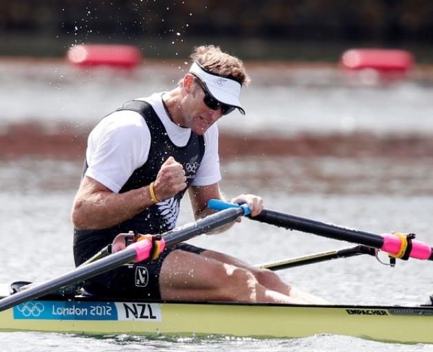 Mahe Drysdale shows his satisfaction at winning Olympic gold in the men's single sculls final....