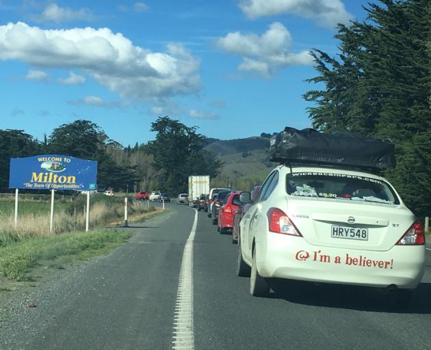 Traffic backed up outside Milton on SH1 this afternoon. Photo: Louise Scott